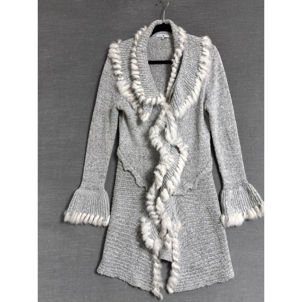 Y2K Tempo Paris Penny Lane Sweater M/L Gray Rabbit Fur Trim Cardigan Boho Long